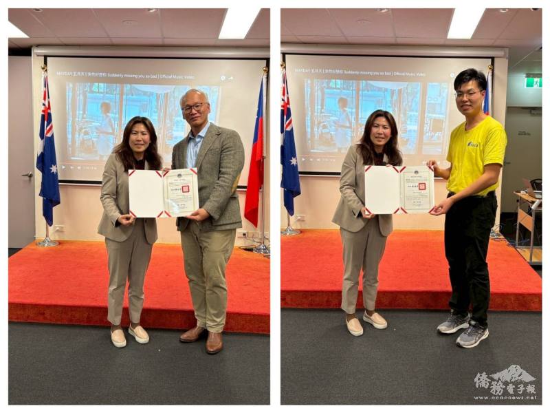 江佳慧感謝去(113)年擔任FASCA諮詢導師的簡明輝(左)與康威廉(右)