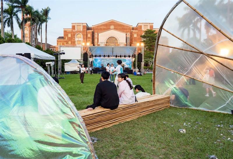 Art installations are seen in front of the main library of National Taiwan University in Taipei for the 30th edition of NTU Artfest when it opened on May 2, 2025. File photo courtesy of National Taiwan University