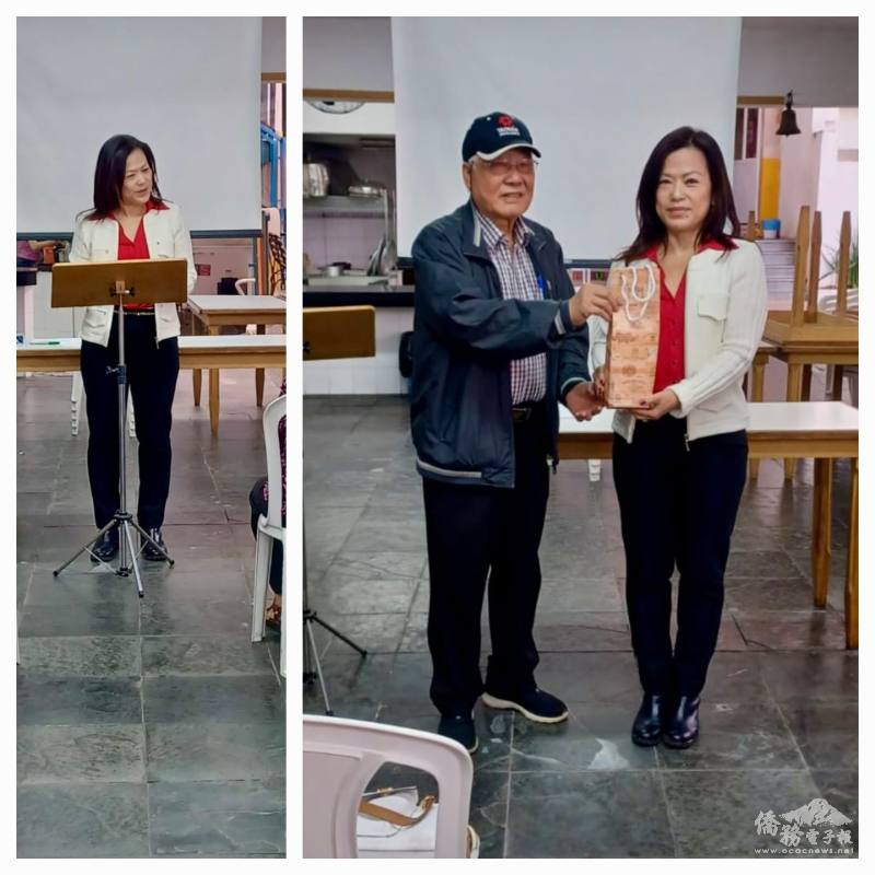 聖保羅文教中心祕書黃麗縝代表中心致詞與監票，莊海定致贈禮品