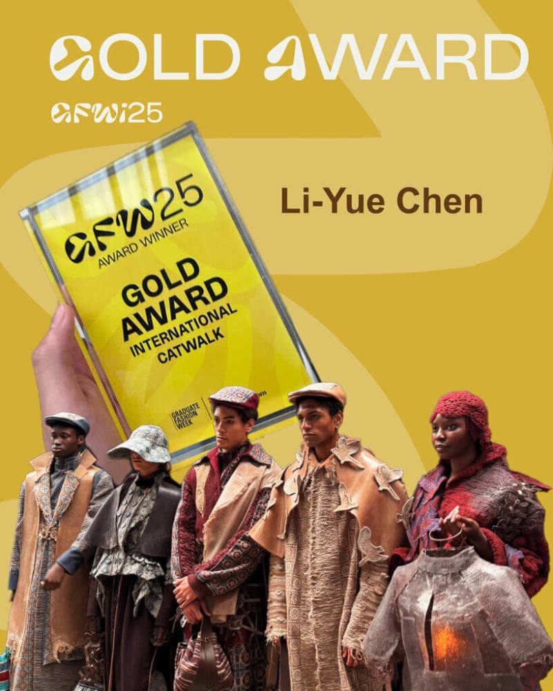 實踐大學服裝設計學系學生陳立越作品「育我如母」，融合台灣藍鵲、花磚、象徵溫暖記憶的提燈等元素，參與在英國舉辦的Graduate Fashion Week畢業時裝週，成功抱回金獎。（實踐大學提供）