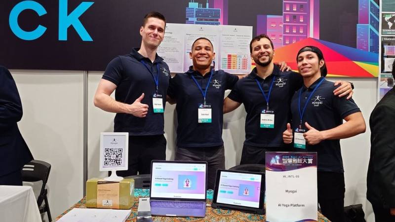 台灣科技大學創新育成中心輔導的國際新創團隊Myogai，結合AI與瑜珈教學，透過即時影像辨識與資料模型訓練，讓使用者在瑜珈練習過程中，可即時獲得精準的動作回饋與指導，為線上教學帶來新突破。（台科大提供）