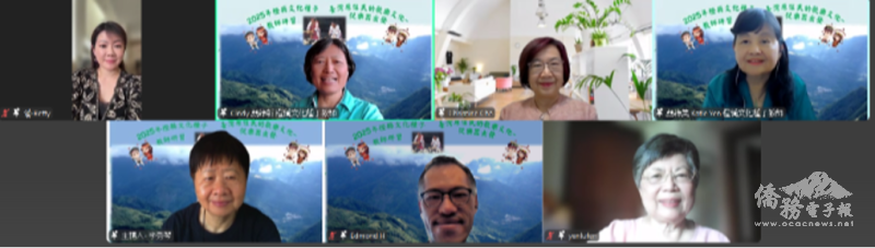 上排左至右，橙縣文教中心主任蕭蓓如、種子老師顏綠新、南加州中文學校聯合會會長車慶餘、種子老師顏綠美；下排左至右，教授李秀琴、工作人員黃翊鳴 、教授顏綠芬