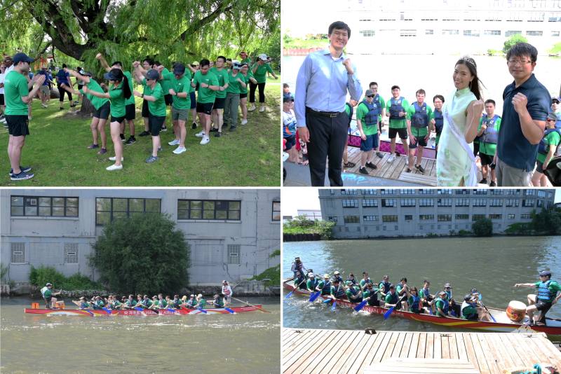 (上左圖) 臺灣隊比賽前練習， (上右圖) 孫鵬翔 (左)、蔡季穎(右)及華埠選美小姐羅以琳(中)為臺灣隊加油，(下左圖) 臺灣隊出發比賽及 (下右圖) 比賽返回