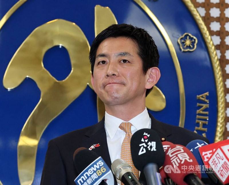Takayuki Kobayashi, a four-term member of Japan's Diet, speaks to the media during a visit to the Ministry of Foreign Affairs' headquarters in Taipei on Thursday. CNA photo June 26, 2025