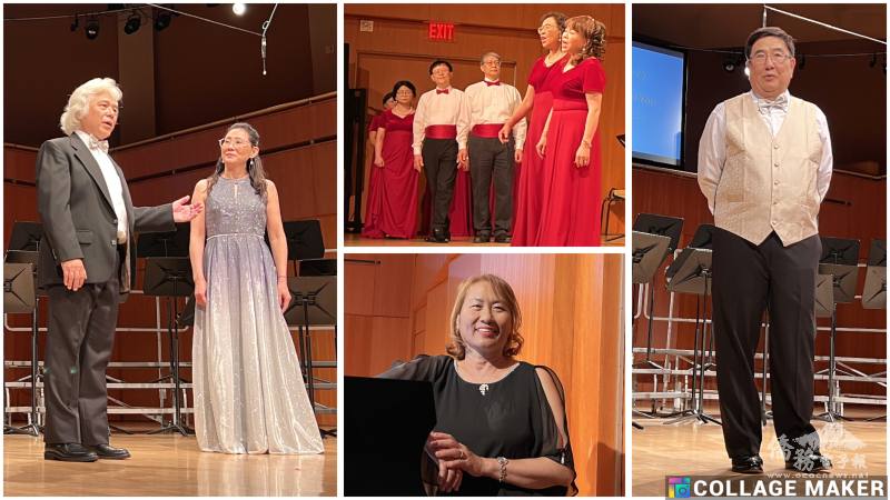 劉捷、趙家璧二重唱(左)，伴奏范翠育(中下)，童振邦致詞(右)