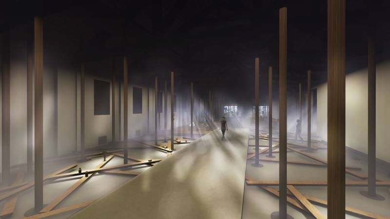 「穿霧之境」展區示意圖。展現當代以水體本身為主體的生態思維，聚焦順著水體文化進行生態循環與教育串接的工作。