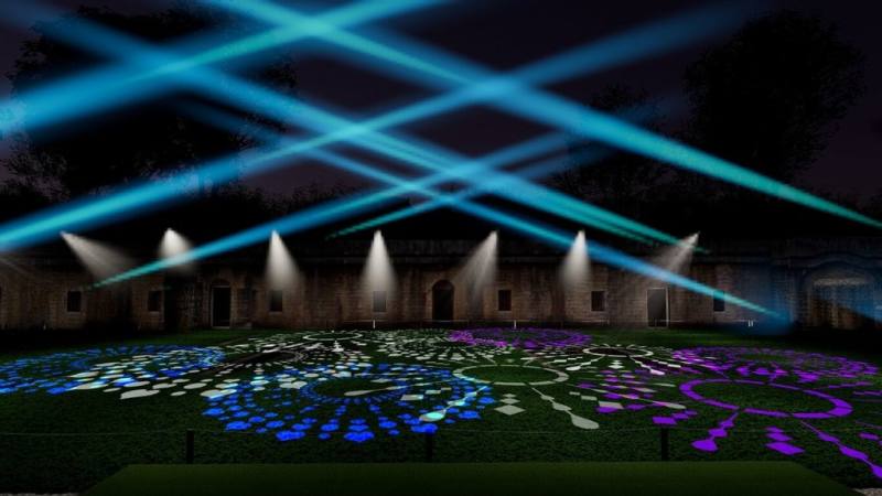 適逢新北市立淡水古蹟博物館20週年館慶，館方1日公布，5日至20日每週末晚間5時到9時，將在滬尾礮臺推光影展演「滬尾之光」，絢麗燈光照亮礮臺，變成最夢幻古蹟，帶給民眾視聽饗宴。（新北市立淡水古蹟博物館提供）