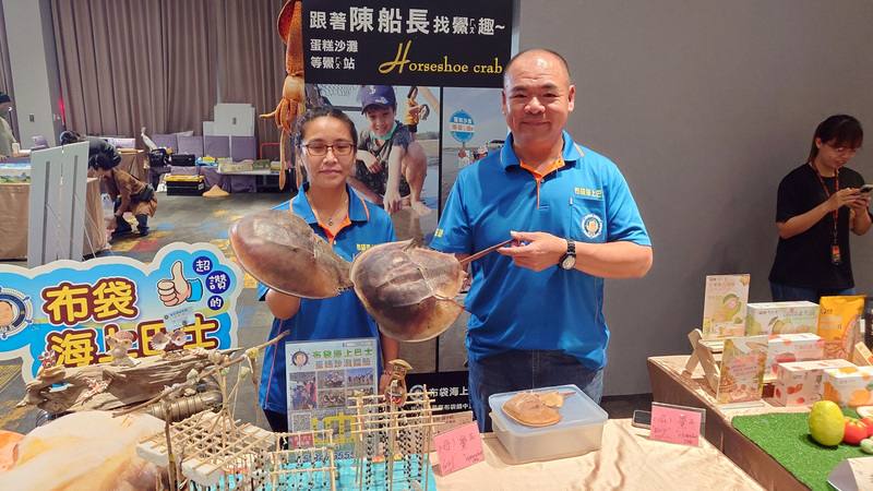 嘉義縣政府推「FUN暑假暢玩自駕遊」，1日舉行活動記者會，布袋海上巴士業者在現場擺攤，展示鱟的外殼，指布袋的沙灘有機會見到「海洋活化石」鱟