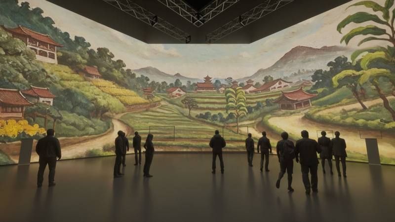 融合光影、色彩與聲音的沉浸式視覺劇場《臺灣本色》投影示意圖。作品取材自國立臺灣美術館典藏畫作，以「寫生的人」為主題，將經典畫家風格透過影像技術再度演繹為全新影像，此圖創作段落為「日出處」，筆觸靈感來自於陳澄波。