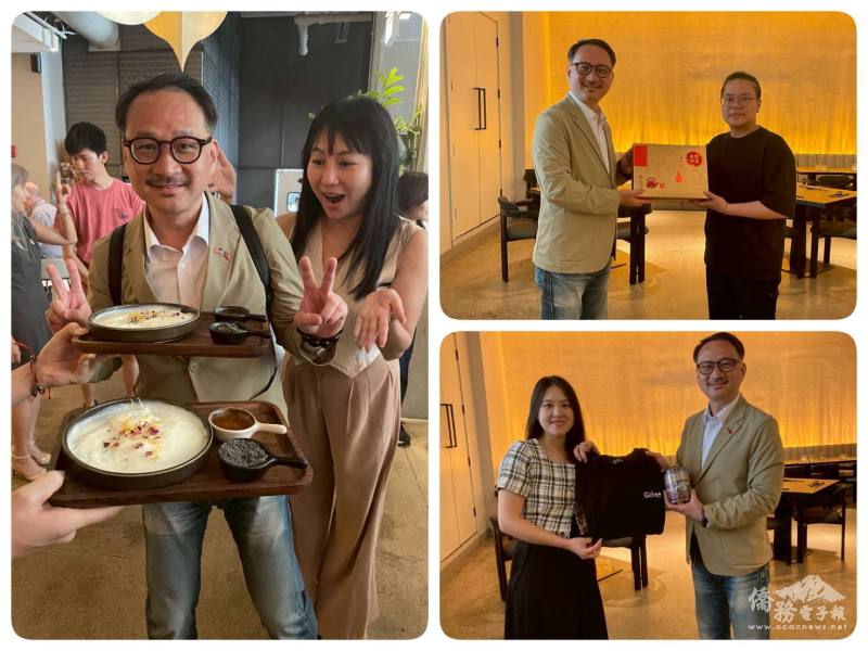 (左圖)阮昭雄親切與大家互動;(右圖)阮昭雄與北美臺商會青商部交換伴手禮