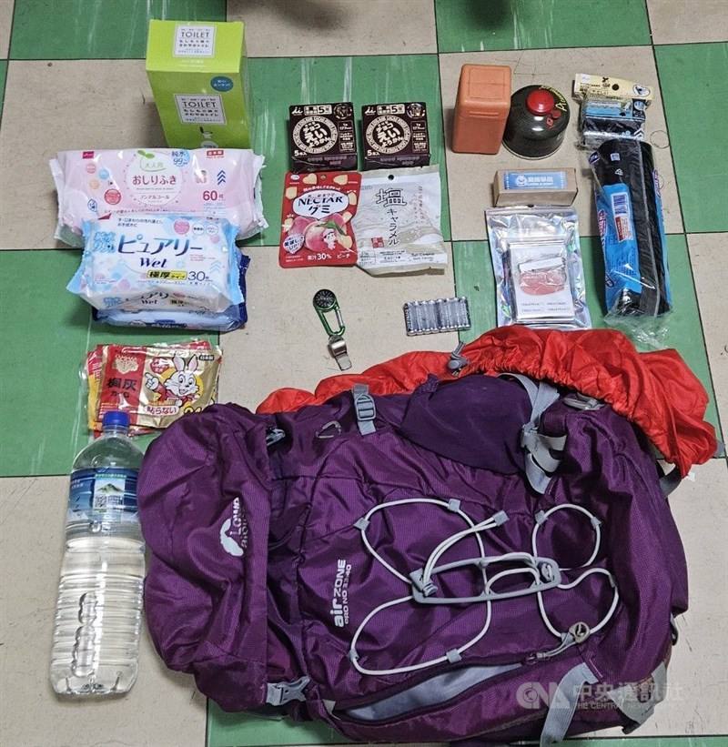 A go bag prepared by Arnas Kuo includes a portable toilet (top left), as well as food, water and hygiene products. Photo courtesy of Arnas Kuo July 4, 2025