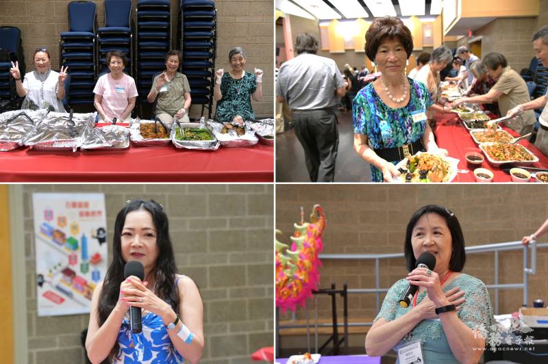 (上圖) 與會嘉賓享受美食； (左下) 新會員自我介紹； (右下) 歌唱接力展現歌藝