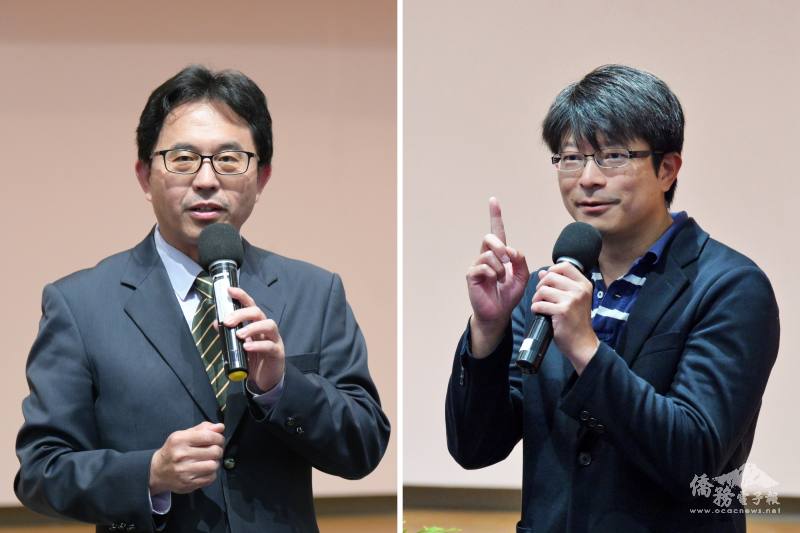 (左) 駐芝加哥辦事處組長舒俞敬、 (右) 文教中心主任蔡季穎致詞