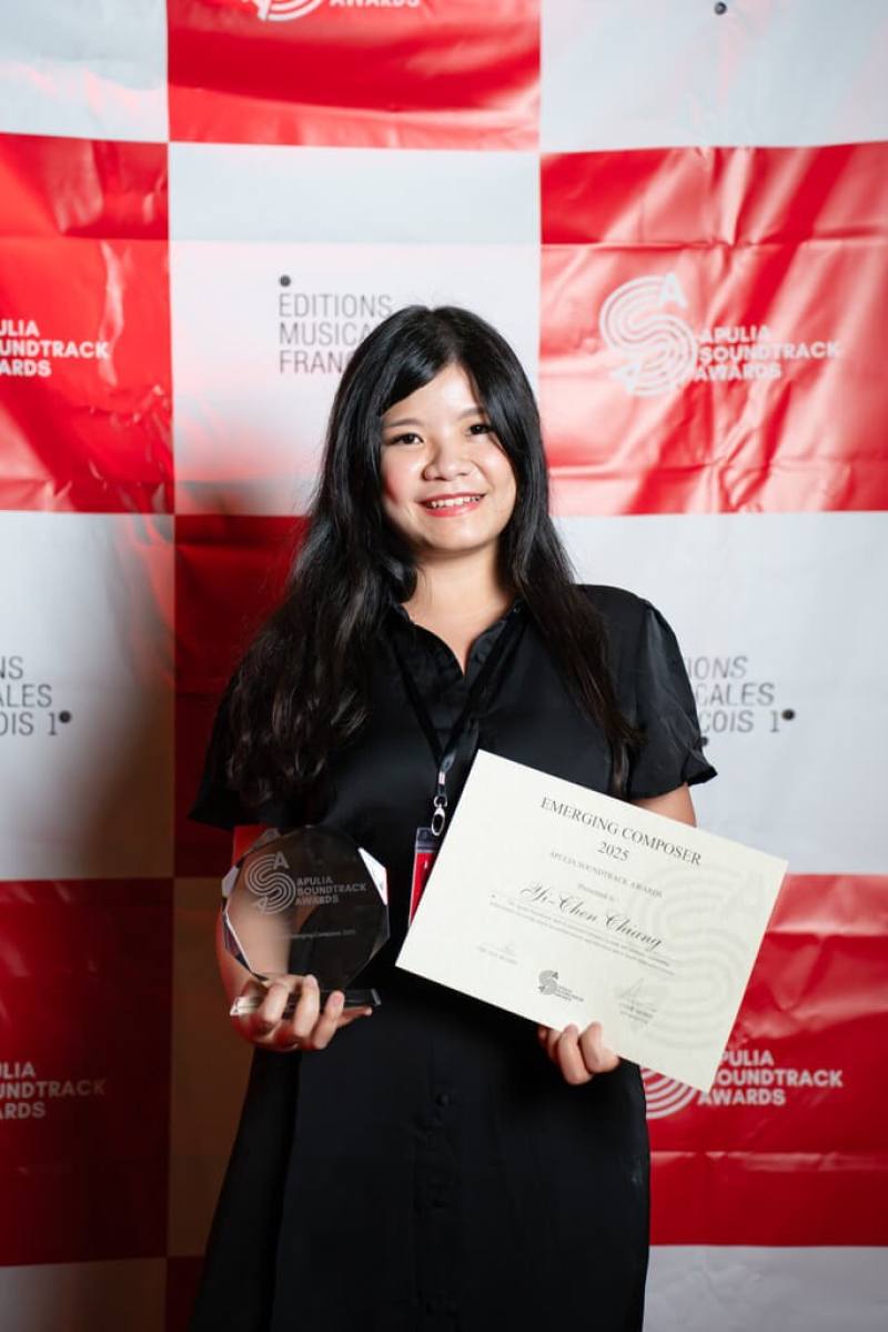 Taiwanese composer Chiang Yi-chen wins the Emerging Composer Award at Italy's Apulia Soundtrack Awards. Photo Courtesy of Chiang Yi-chen July 9, 2025