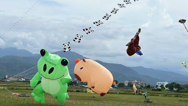 宜蘭縣冬山鄉風箏節嘉年華12、13日登場，今年活動以「動物小樂園」主題，展示卡皮巴拉、青蛙、樹懶等各式動物造型風箏。（冬山鄉公所提供）