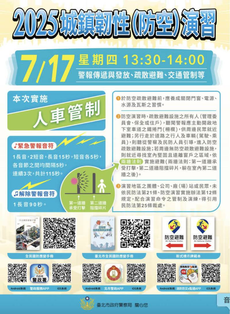 台北市觀傳局表示，17日下午1時30分至2時將實施30分鐘「2025年城鎮韌性（防空）演習」，屆時全市人、車及所有場所執行疏散避難、交通等必要管制演練。（台北市觀傳局提供）