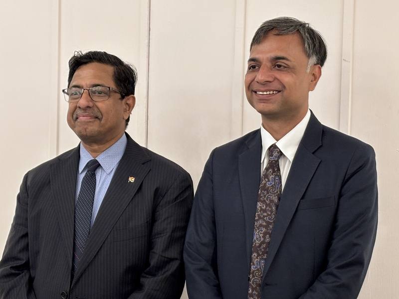 Shri K. Rajaraman (left), chair of the International Financial Services Centres Authority, and Manharsinh Laxmanbhai Yadav, India’s representative to Taiwan, attend a media event in Taipei on Monday. CNA photo July 14, 2025