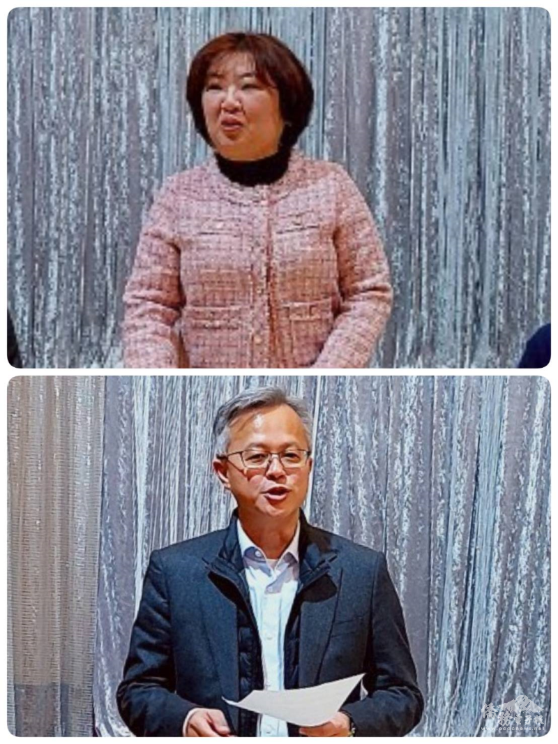 駐奧克蘭辦事處處長陳詠韶主持會議(上)；僑務委員施振嘉闡述中心議題(下)