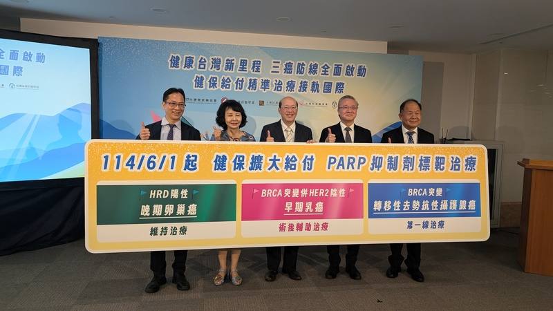 台灣癌症基金會24日舉辦「三癌防線全面啟動」記者會，說明健保署今年6月起擴增癌症標靶藥PARP抑制劑給付