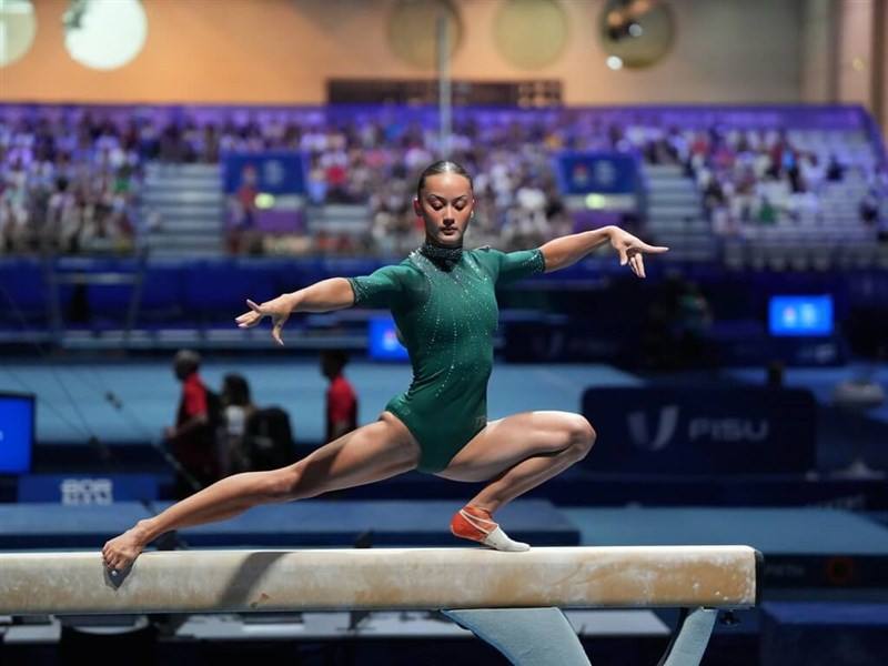 Tonya Helene Paulsson, a dual national of Taiwan and Sweden, wins balance beam silver at World University Games.