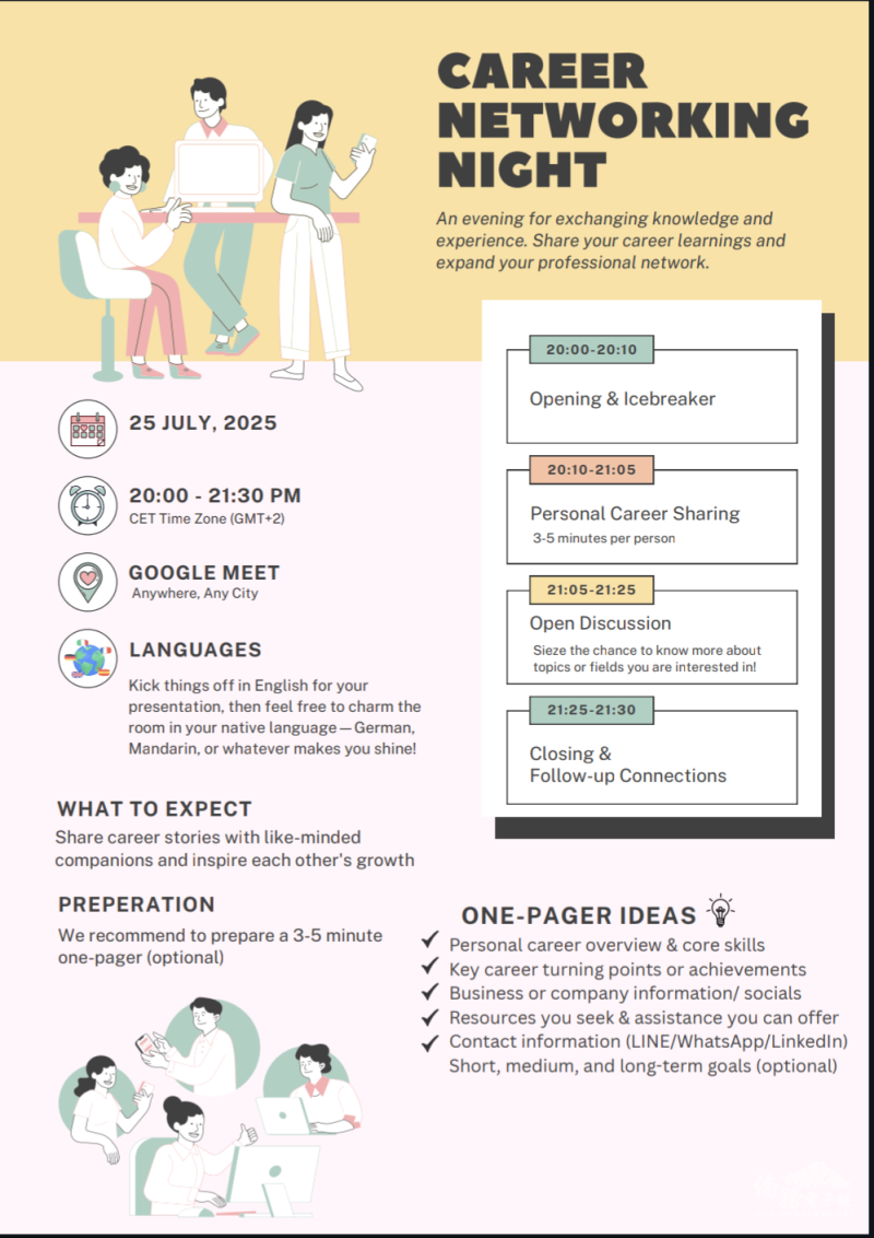 「奧地利青商2025線上職涯分享會」活動海報，清楚展示活動流程與參與方式，強調以5分鐘個人職涯分享為主軸，鼓勵深入交流與經驗交換