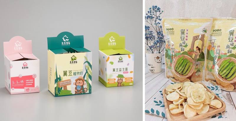 張豪傑開發豆豆纖、植物奶、益生菌(左)及翼豆飛魚餅(右)及等翼豆多元加工產品