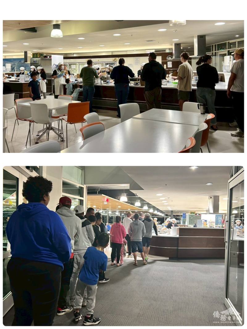 病童及家屬們依序領取豐盛晚餐