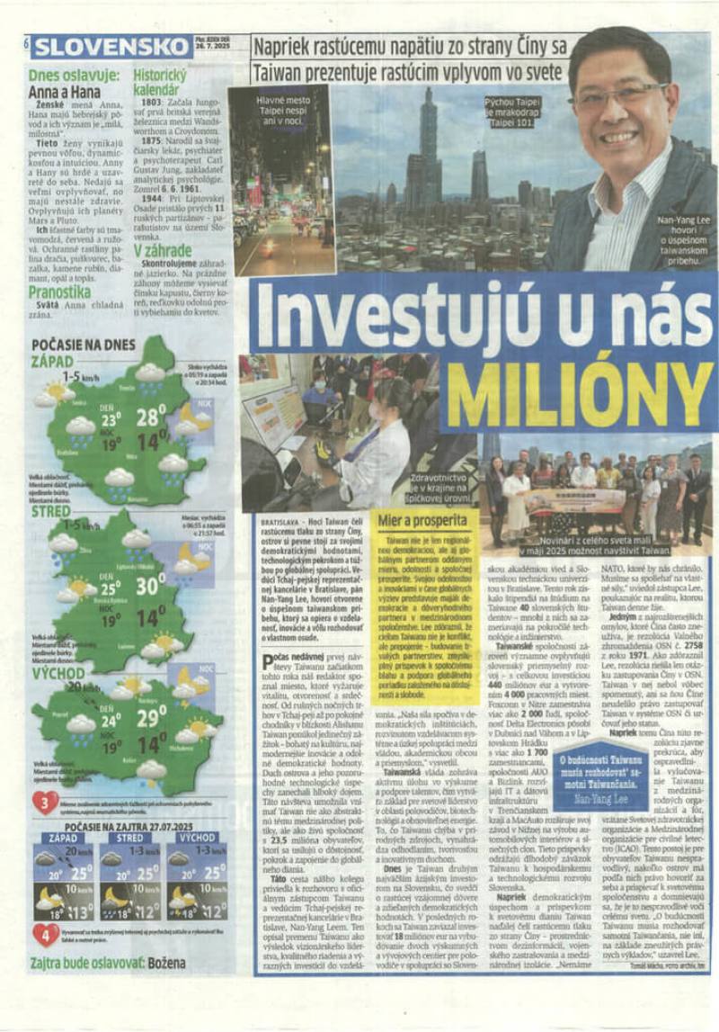 斯洛伐克報紙Plus JEDEN DEŇ於26日以「在中國壓力下，台灣持續向世界展現影響力」為題，刊登專訪李南陽的內容，深入探討台灣的民主韌性與全球貢獻。（駐斯洛伐克代表處提供）