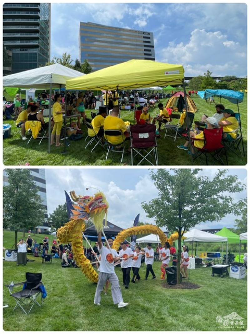 Dragon Dance and tents set up at the Bicentennial Park
