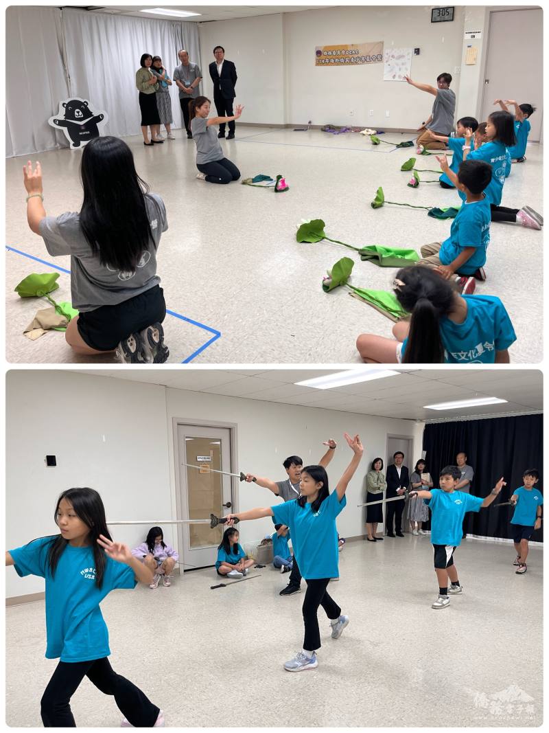 老師白碧惠講解細部舞蹈動作(上)；老師劉字蕙細心指導舞劍(下)