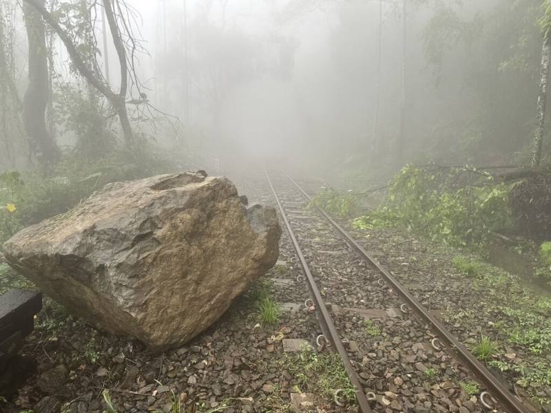 受低壓豪雨影響，阿里山林業鐵路沿途不斷發生落石、倒木情況，林鐵本線（嘉義至阿里山）31日持續停駛。（林鐵及文資處提供）