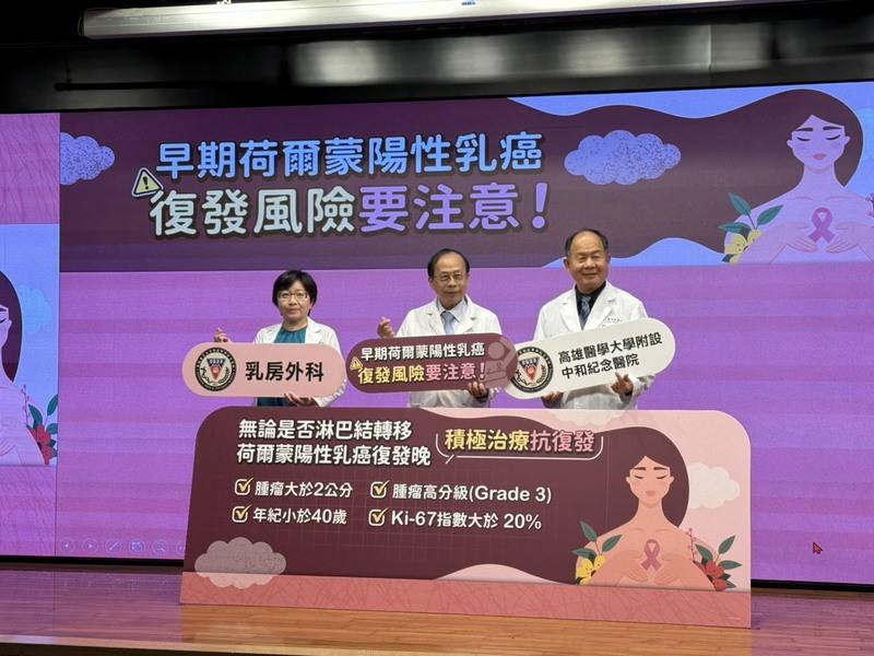高雄醫學大學附設中和紀念醫院31日舉行記者會，高醫副院長陳芳銘（右）、乳房外科醫師侯明鋒（中）出席，透過案例分享，提醒乳癌患者長期追蹤重要性