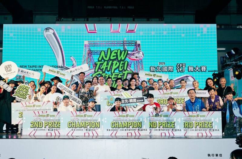 由新北市政府青年局主辦的「新北國際街舞大賽」吸引全台215名街舞好手及75組青少年排舞隊伍報名，歷經激戰，3日圓滿落幕。圖為優勝隊伍合影。（青年局提供）