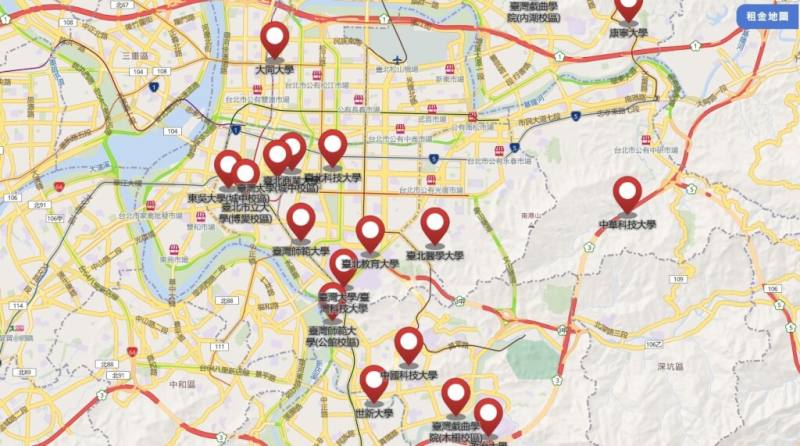 「台北地政找房+」平台推出「大專院校租金地圖」，統計校園周邊1公里內最近1年租賃實價登錄資料。（圖取自台北地政找房+網頁househunt.land.gov.taipei）