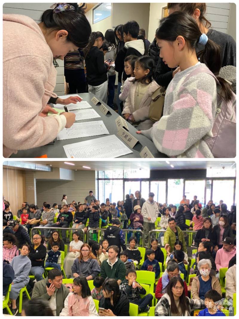 參賽者依序入場(上圖)，觀眾席上坐滿準備比賽的家庭(下圖)