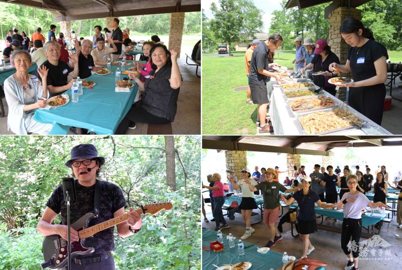 (左上圖) 校友享受佳餚， (右上圖) 豐盛的午餐，(左下圖 ) 自彈電吉他獻唱， (右下圖 ) 帶動唱團體舞