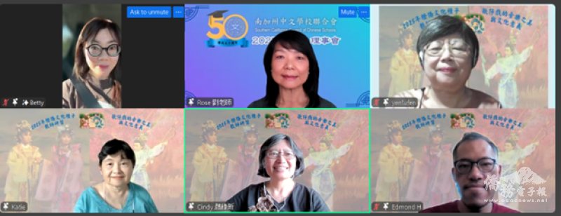 上排：橙縣文教中心主任蕭蓓如、南加州中文學校聯合會會長劉玉𤧞、顏綠芬教授
下排：種子老師顏綠美、顏綠新教授、網路技術人員黃翊鳴