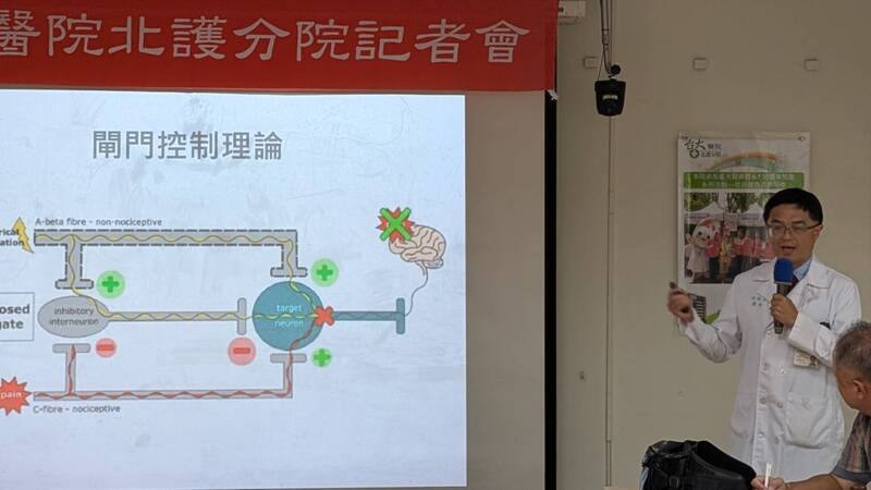 台大醫院北護分院11日召開研究成果發表記者會，復健科醫師張凱閔（右）說明「周邊磁場刺激」就是透過探頭產生磁力，引導體內電流，以非侵入方式讓肌肉運動。