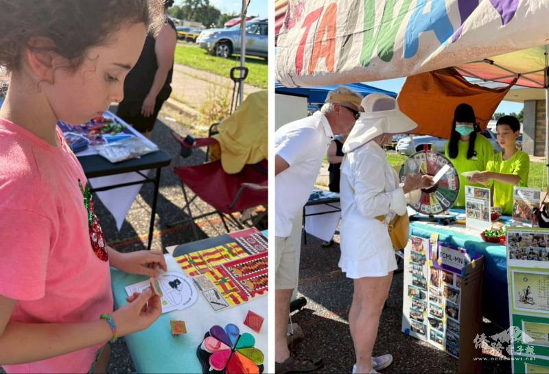 鍾雅晶製作結合臺灣黑熊與珍珠奶茶元素的書卡，參觀者可現場客製專屬設計(左)、小志工高宇翰贈送參觀者TCML-MN老師設計、展示文字演化過程的書卡(右)