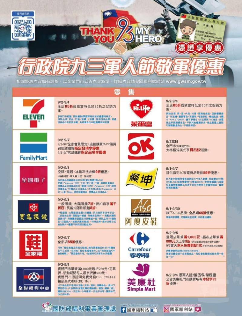 行政院九三軍人節敬軍零售優惠。（福利處提供）