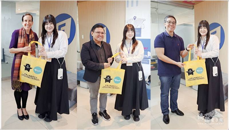 團長羅涓寧代表致贈亞洲自由民主聯盟執行長Celito Arlegue（中）、計畫經理Paolo Zamora（右）及Friedrich Naumann基金會主任Almut Besold紀念品。