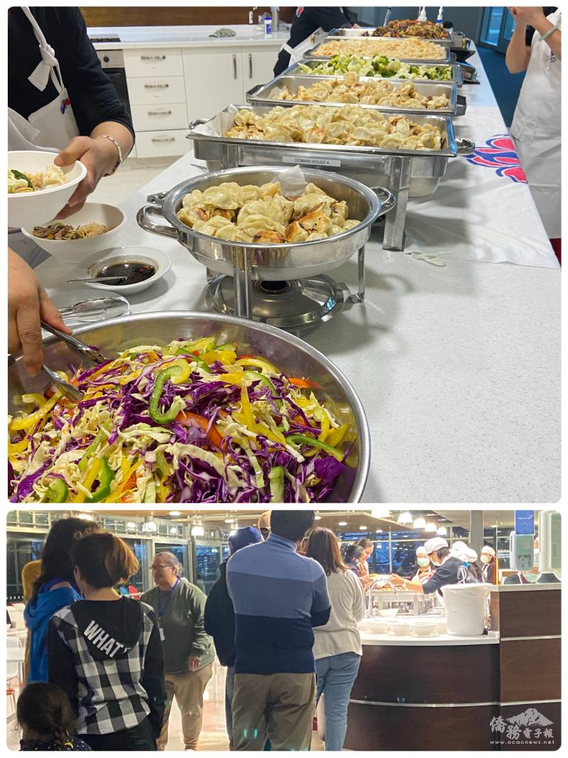 （上）色香味俱全的晚餐，（下）病童家屬井然有序的排隊領餐