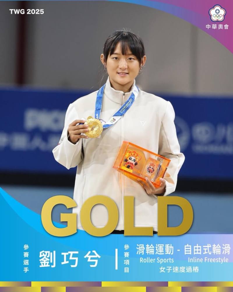 台灣滑輪溜冰好手劉巧兮16日在成都世界運動會自由式女子速度過樁項目獲得金牌。（圖取自facebook.com/noc.tpe）