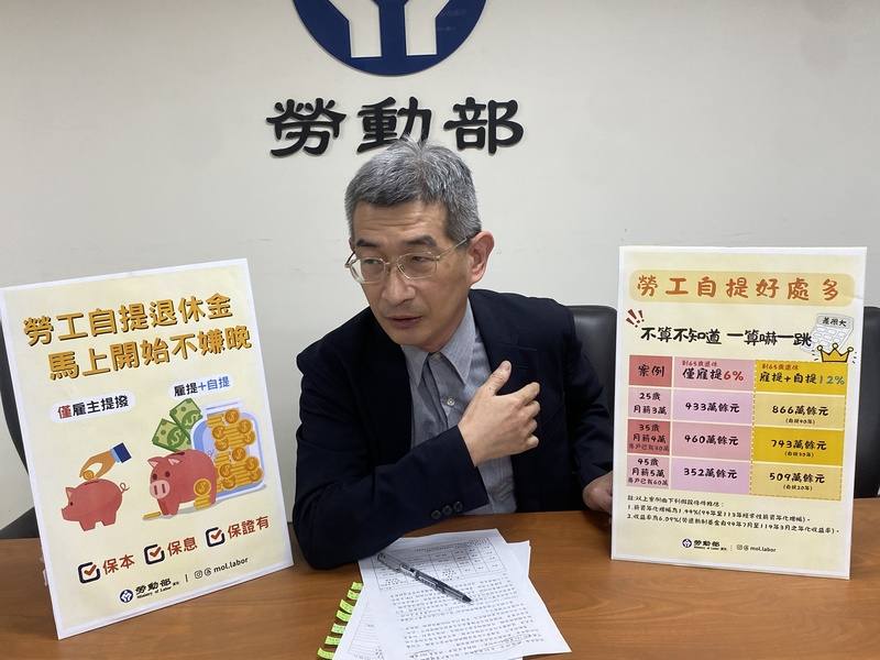 勞動部勞動福祉退休司司長黃維琛（圖）15日表示，勞工退休規畫應提早起步、預先準備，建議可以善用保本、保息且保證有的勞退新制來自願提繳退休金，不僅能有效累積退休儲蓄，更能為老年生活增添穩固保障
