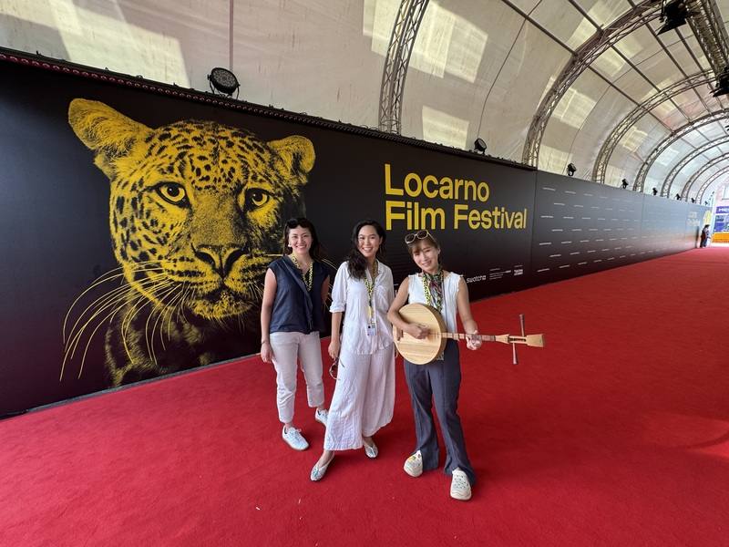 Film producer Angel Huang (from left), director Angel Wu and yueqin musician Cheng Fen for the Taiwanese short film "Force Times Displacement" pose for a photo Saturday at the Locarno Film Festival held in Switzerland. CNA photo Aug. 16, 2025