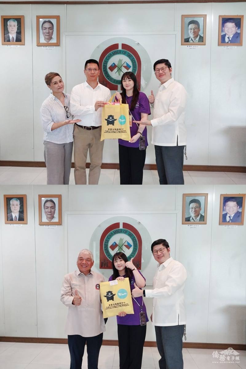 團長羅涓寧(上圖右2)代表訪團一行致贈會長游惠堯夫婦(上圖左1及左2)與名譽會長雷洸澤(下圖左1)，並與菲華文教中心副主任梁崇偉合影