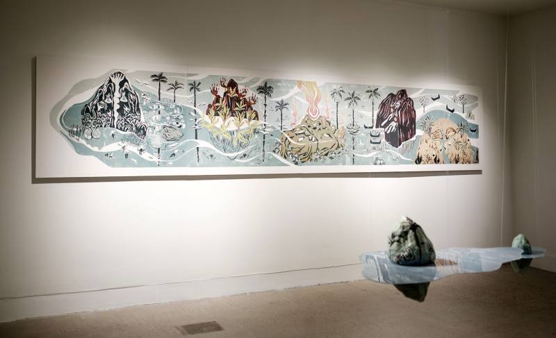 胡家瑜，〈洪水過後就有島嶼〉，2023，複合媒材（木刻版畫、壓克力塑膠板、紙漿），尺寸依場地而定，藝術家提供。圖片由美國當代原住民藝術博物館提供。