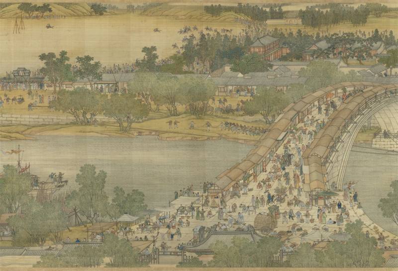 故宮131件文物遠赴捷克，國寶〈清院本清明上河圖〉也將驚艷登場；圖為經典虹橋場景。
