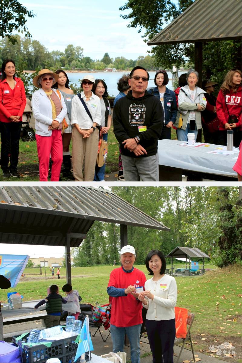 駐溫哥華辦事處副處長邱建義（上）及僑務組長郭淑貞（下）與校友們同聚歡樂