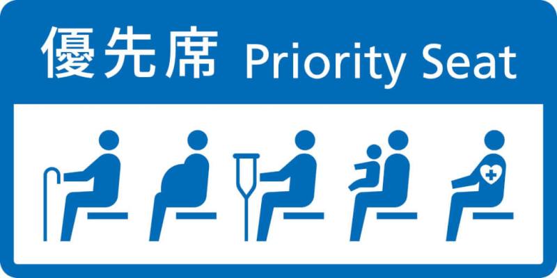 博愛座改為優先席，並擴大優先乘坐對象為「身心障礙者或有其他實際需要者」，新圖示最快9月上路，以藍白兩色設計，並畫出5種需要情境，包含老人、孕婦、傷者、抱小孩者及身體不適者。（交通部提供）